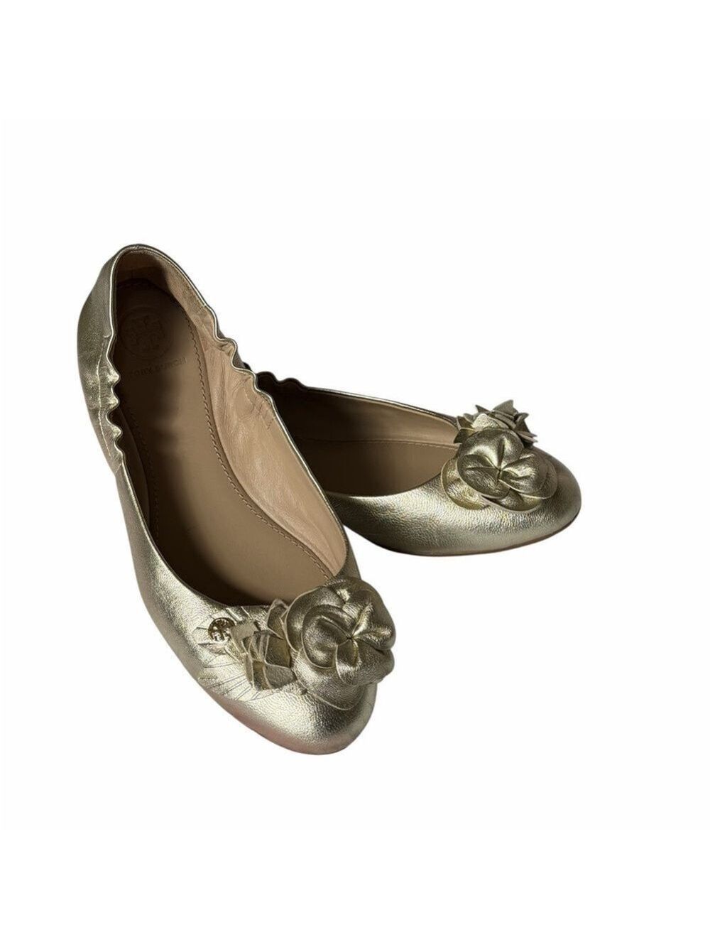 Tory Burch Blossom Floral Appliqué Metallic Spark Gold Lesther Ballet Flats 6.5